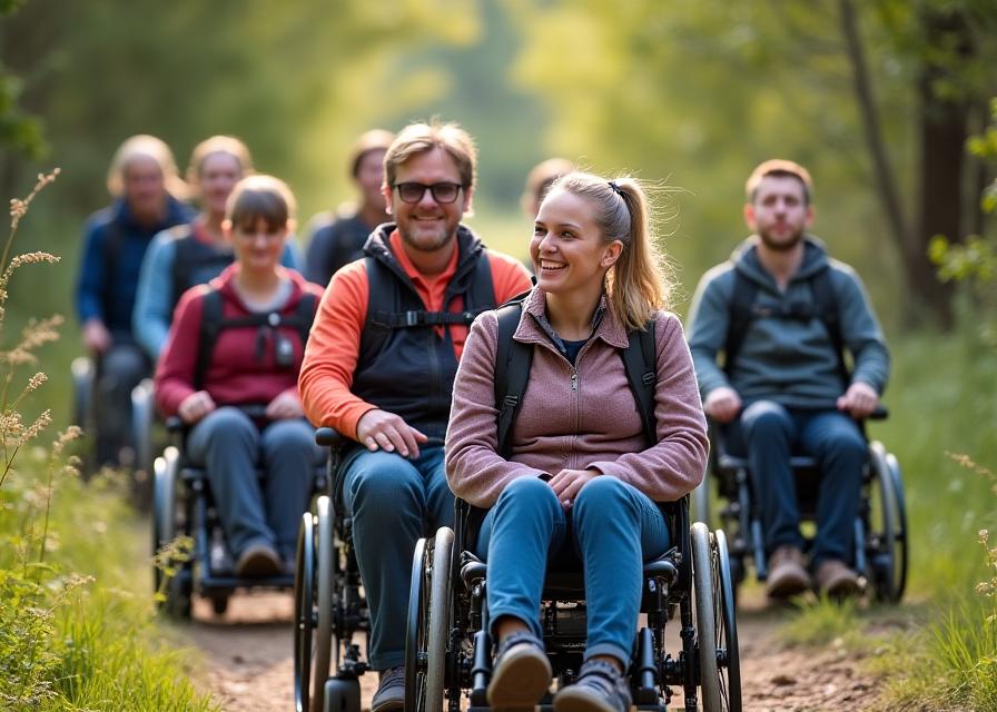Grupo inclusivo disfrutando trekking adaptado con asistencia