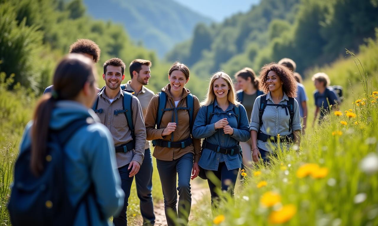 Equipo corporativo en actividad de trekking y team building